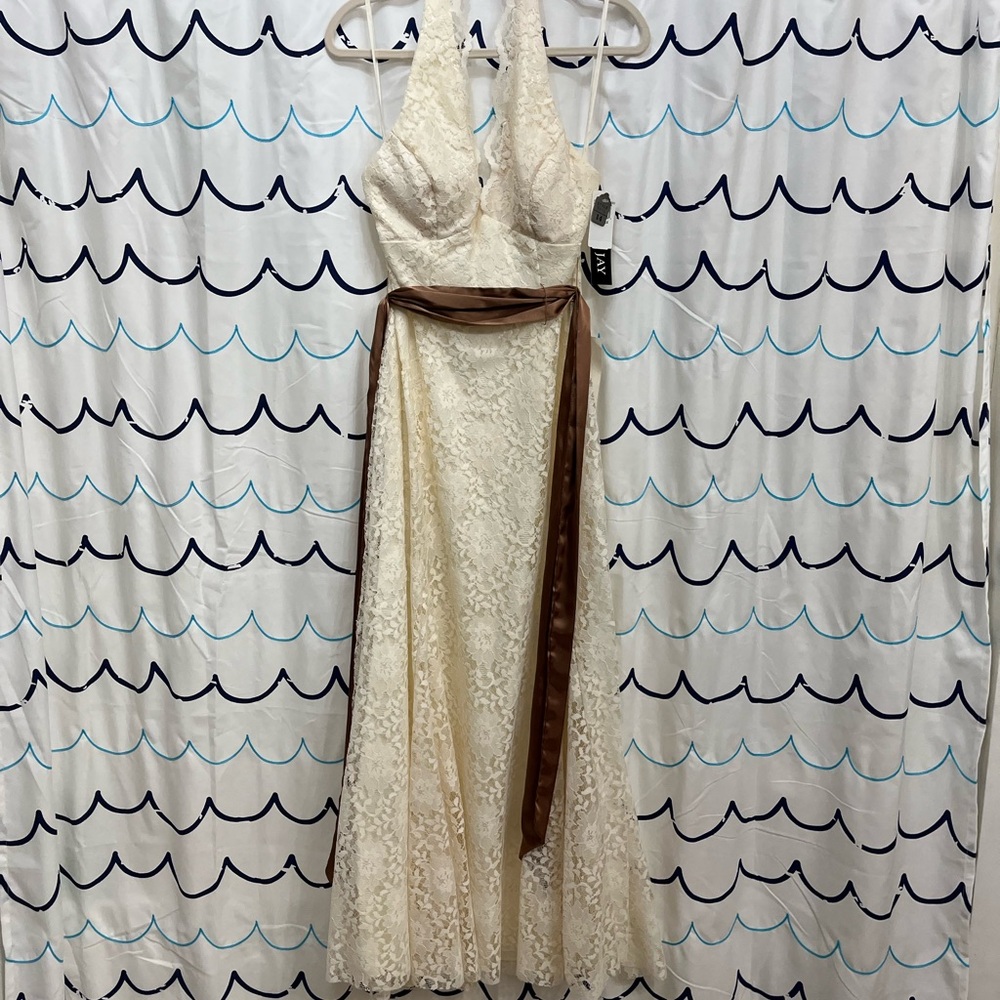 Bari Jay Ivory Lace Backless Gown with Chocolate Sash